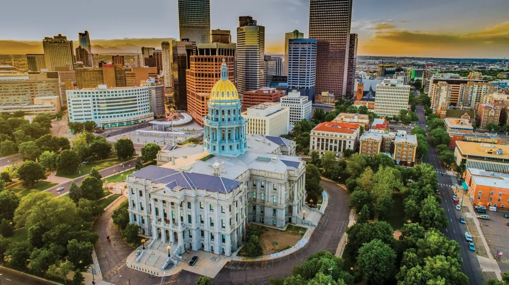 An aerial view of the Denver capitol building at the area around it