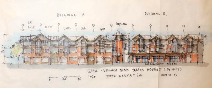 A wide sketch of an affordable housing concept showing 2 buildings