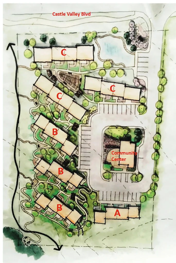 A birds eye view of an affordable housing concept with several buildings and a community center