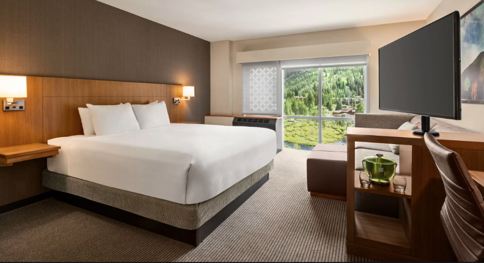 A large hotel bed with a tv and trees in the background through the window